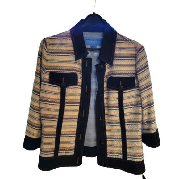Doncaster women's size 8 sport 100% silk striped with denim trimmed jacket - Picture 1 of 16